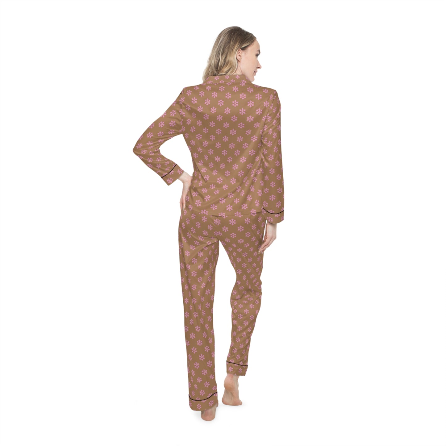 Brown Pattern Women’s Satin Pajama Set for Cozy Nightwear