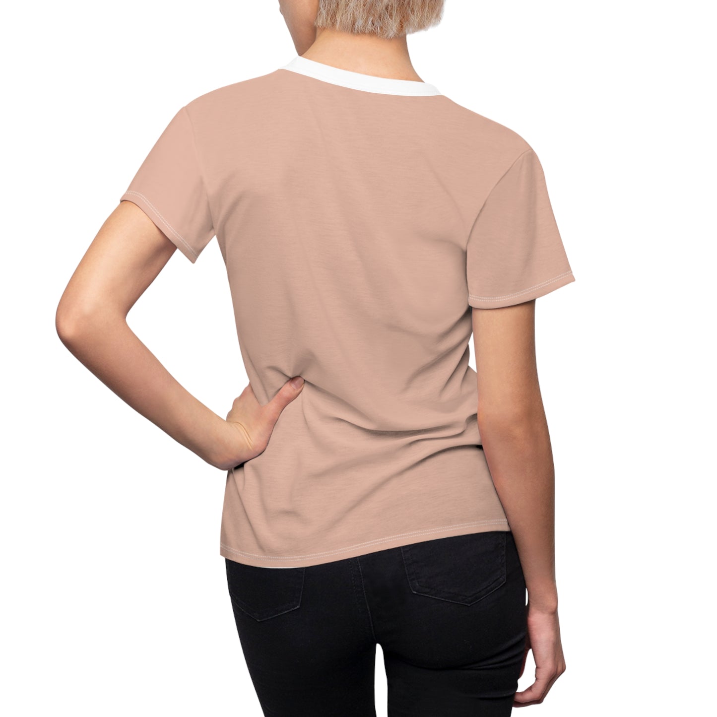 Person wearing a beige t-shirt on a white background
