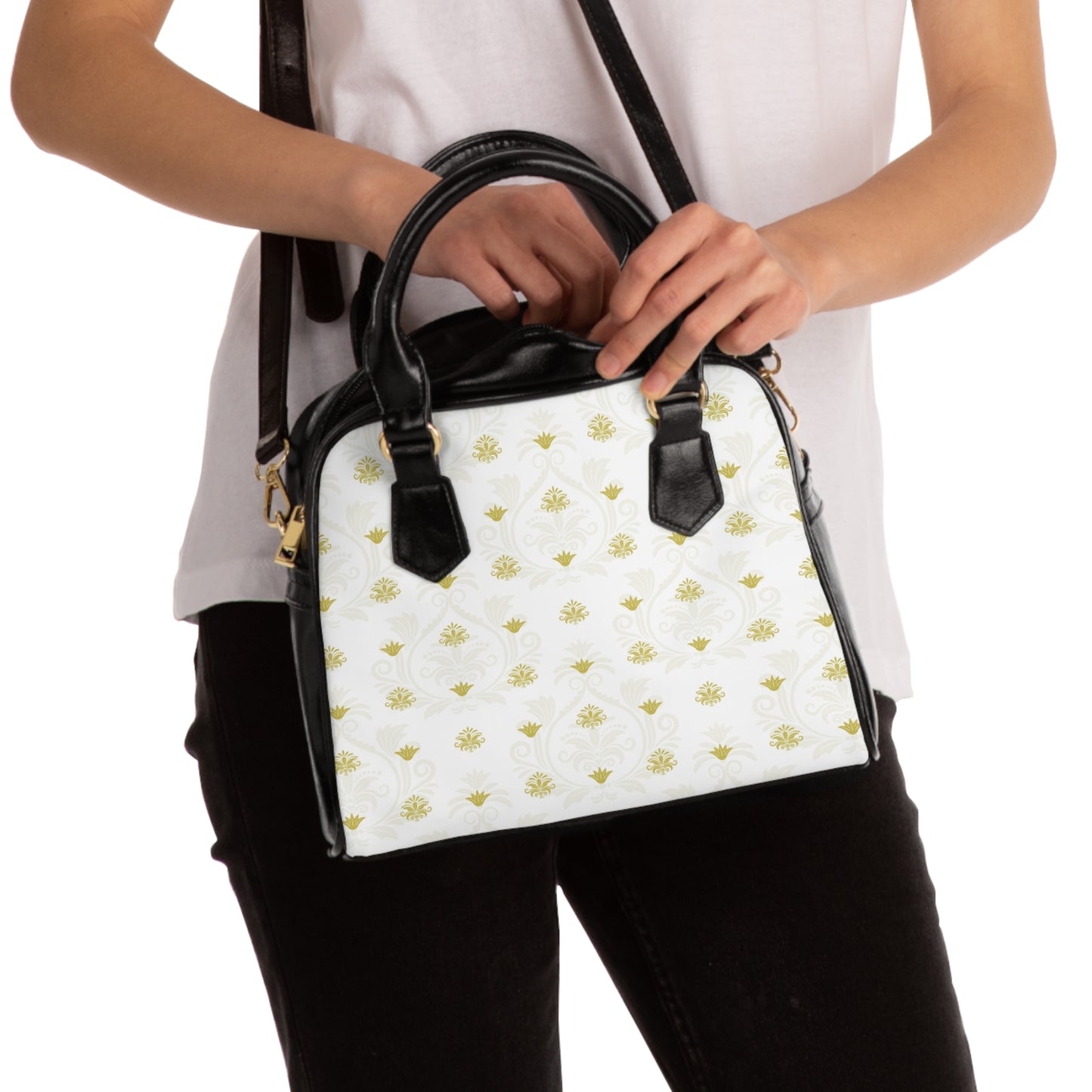 Classic White Gold Print Tote Bag – Chic Black Trim Structured Handbag