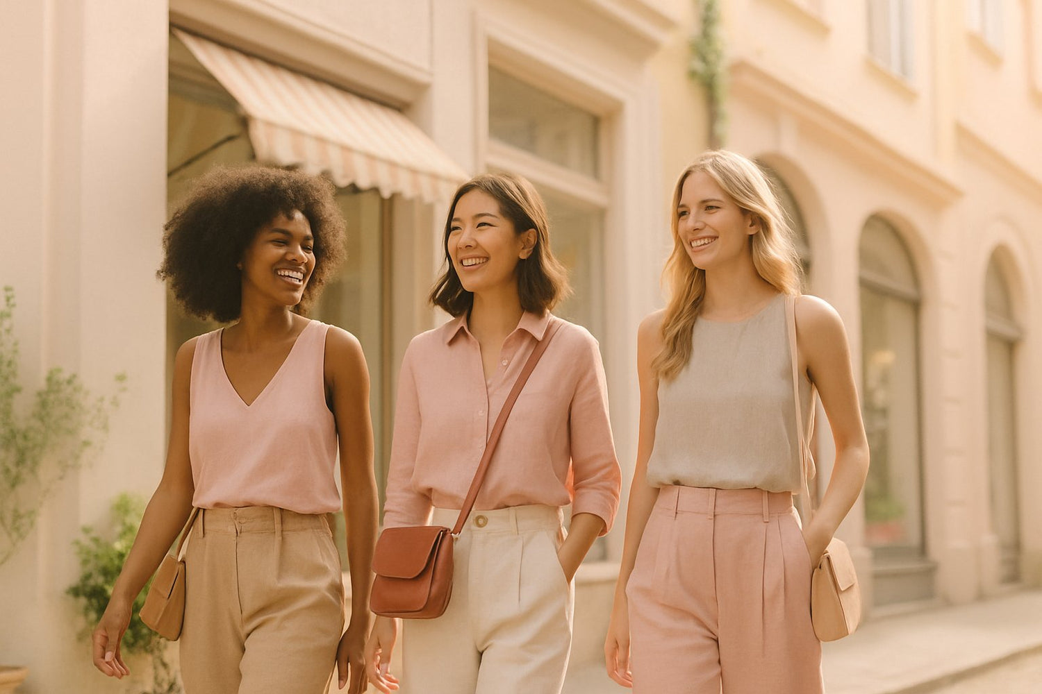 Women’s collection hero image featuring diverse models in pastel outfits, editorial lighting