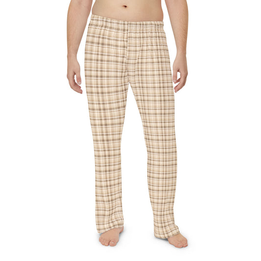 Plaid pajama pants worn by a person on a white background