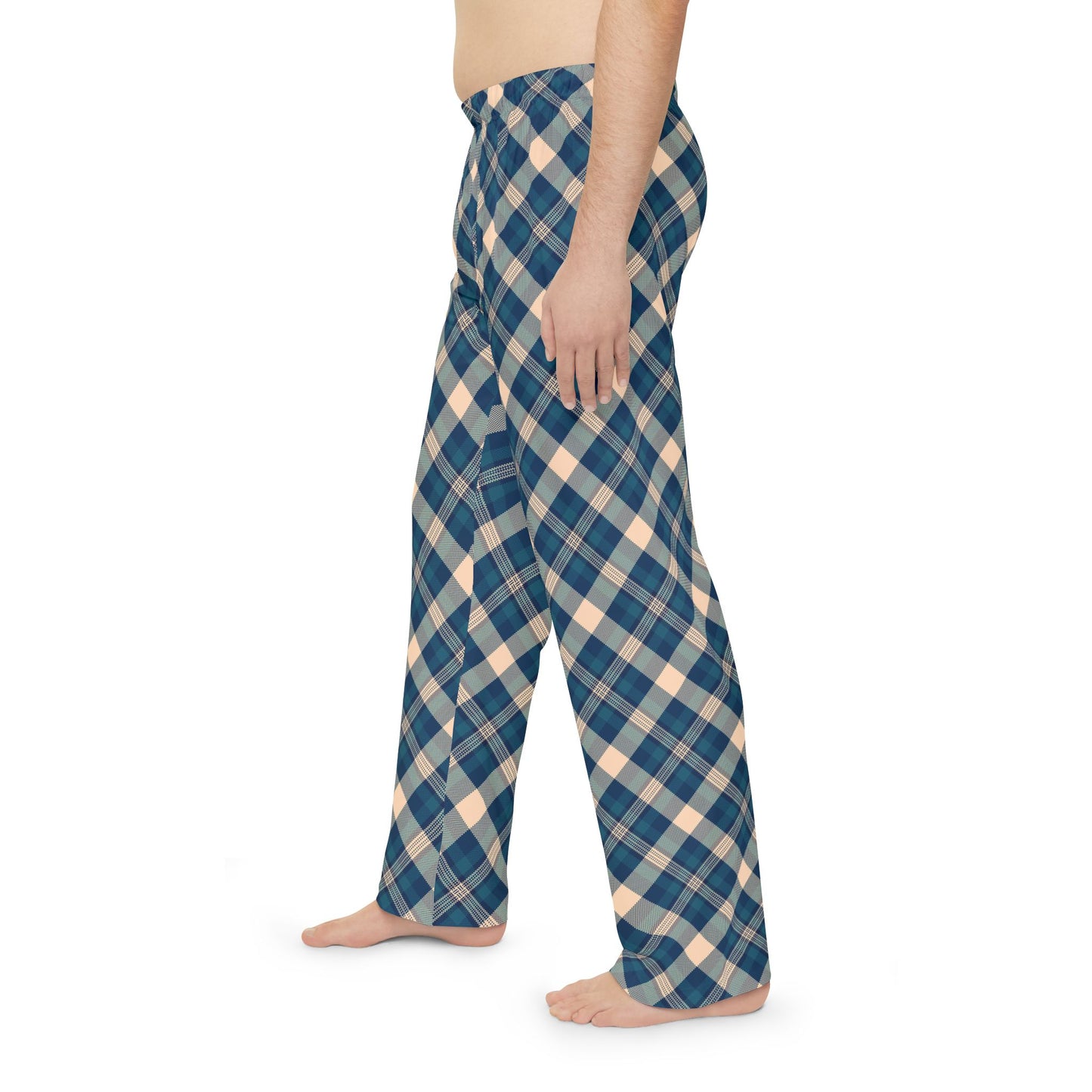 Blue and beige plaid pajama pants on a white background