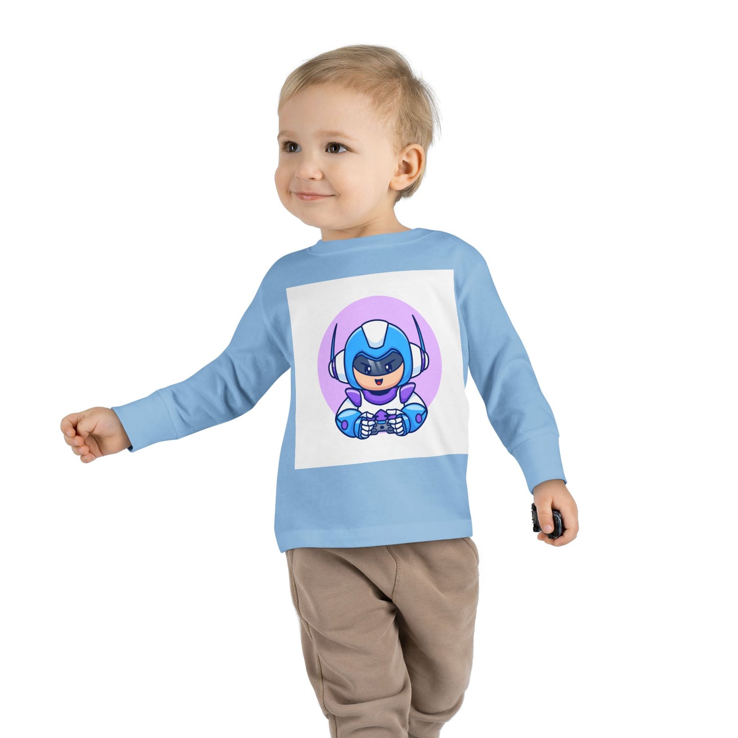 Blue Cyber Gamer Kids Tee Cartoon Robot Player Shirt