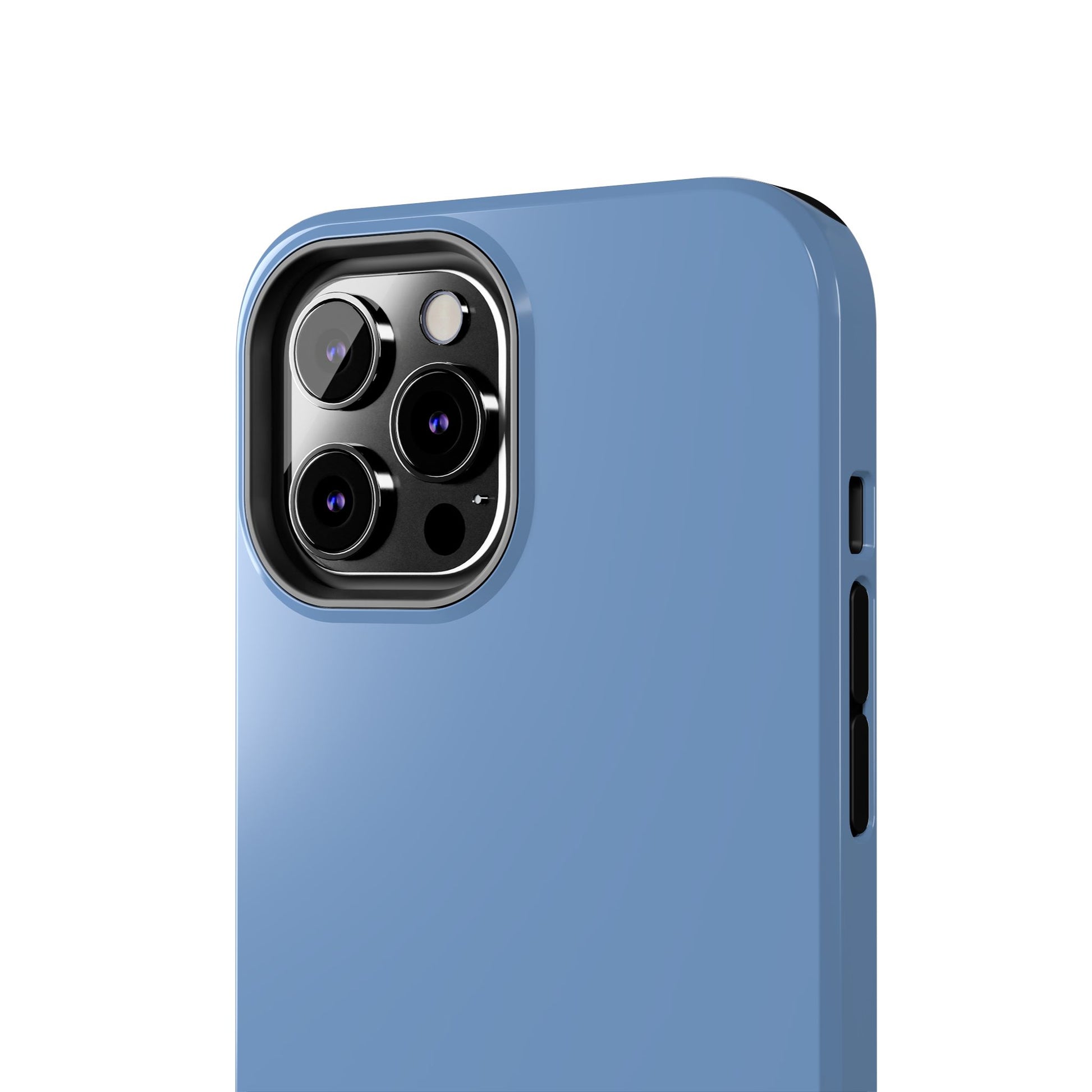 Blue phone case with camera module on a white background