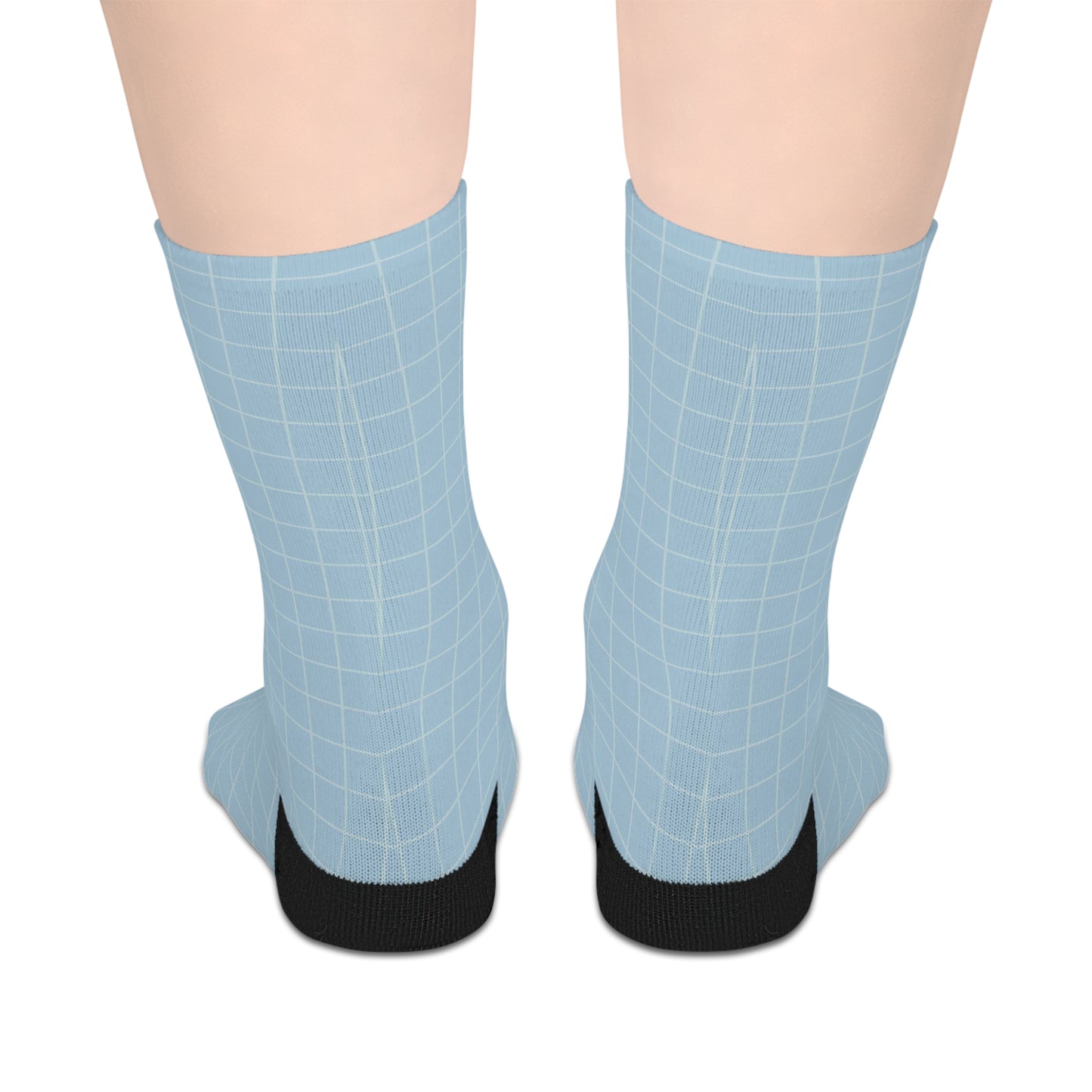 Mid-length Light Blue Socks with Black Grid Pattern