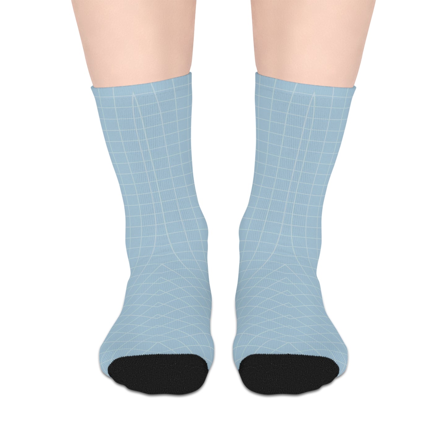 Mid-length Light Blue Socks with Black Grid Pattern
