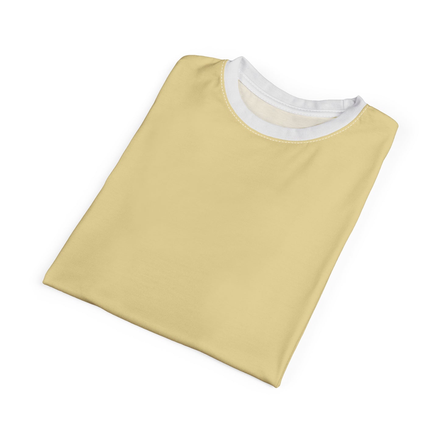 Folded yellow t-shirt with white trim on a white background