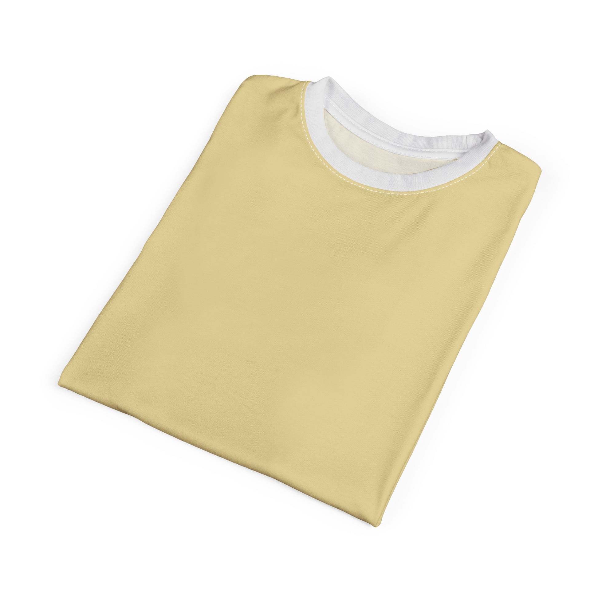 Folded yellow t-shirt with white trim on a white background