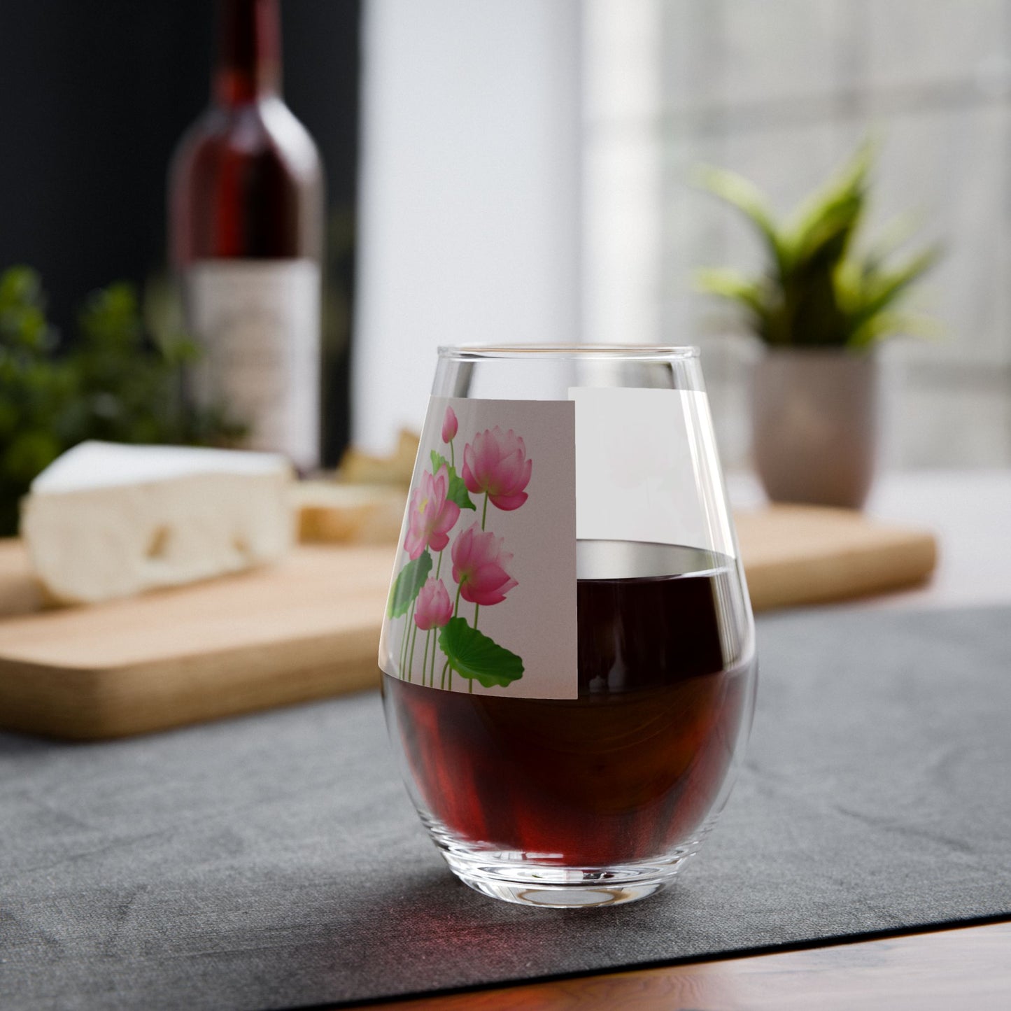 Stemless Wine Glass with Pink Lotus Floral Elegant Printed Drinkware