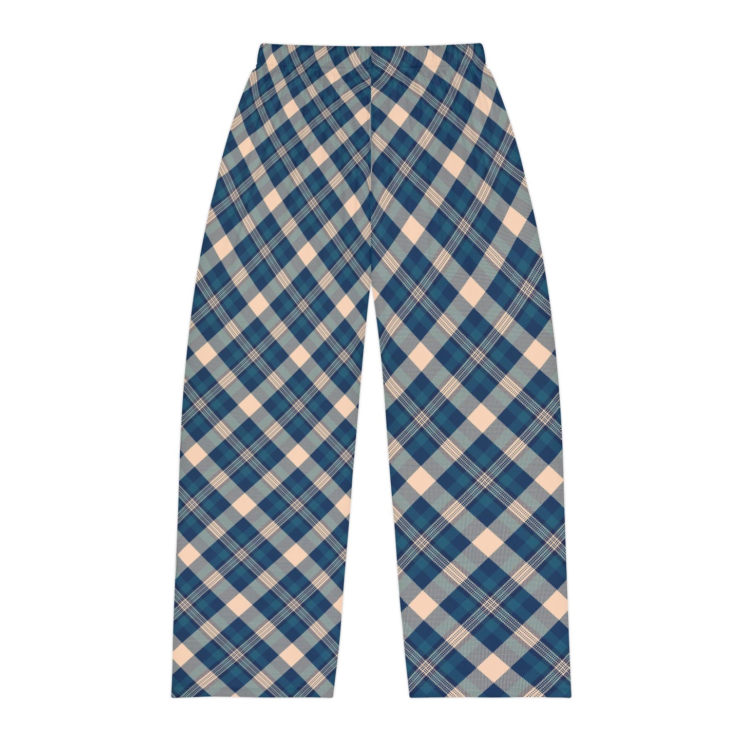 Blue and beige plaid pants on a white background