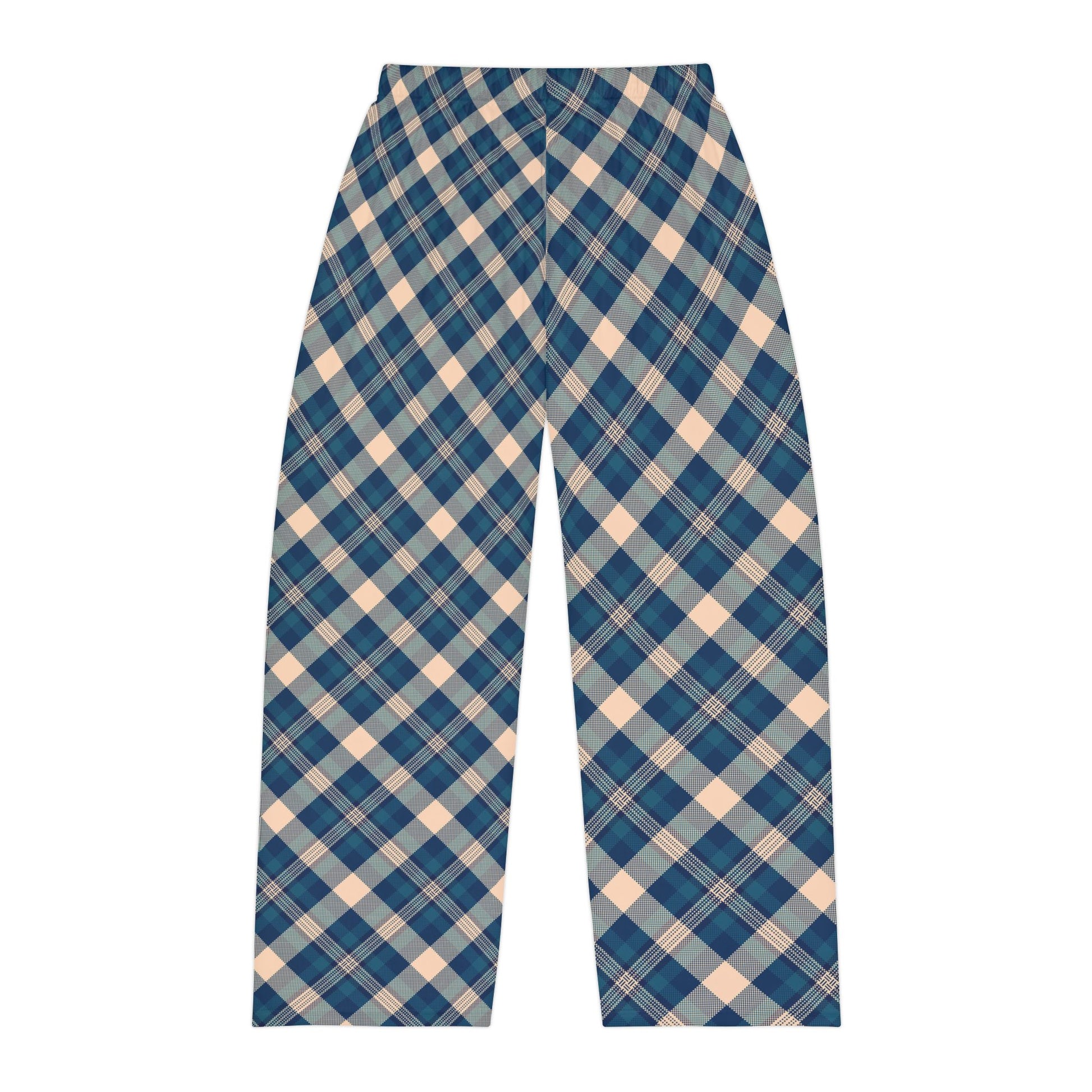Blue and beige plaid pants on a white background
