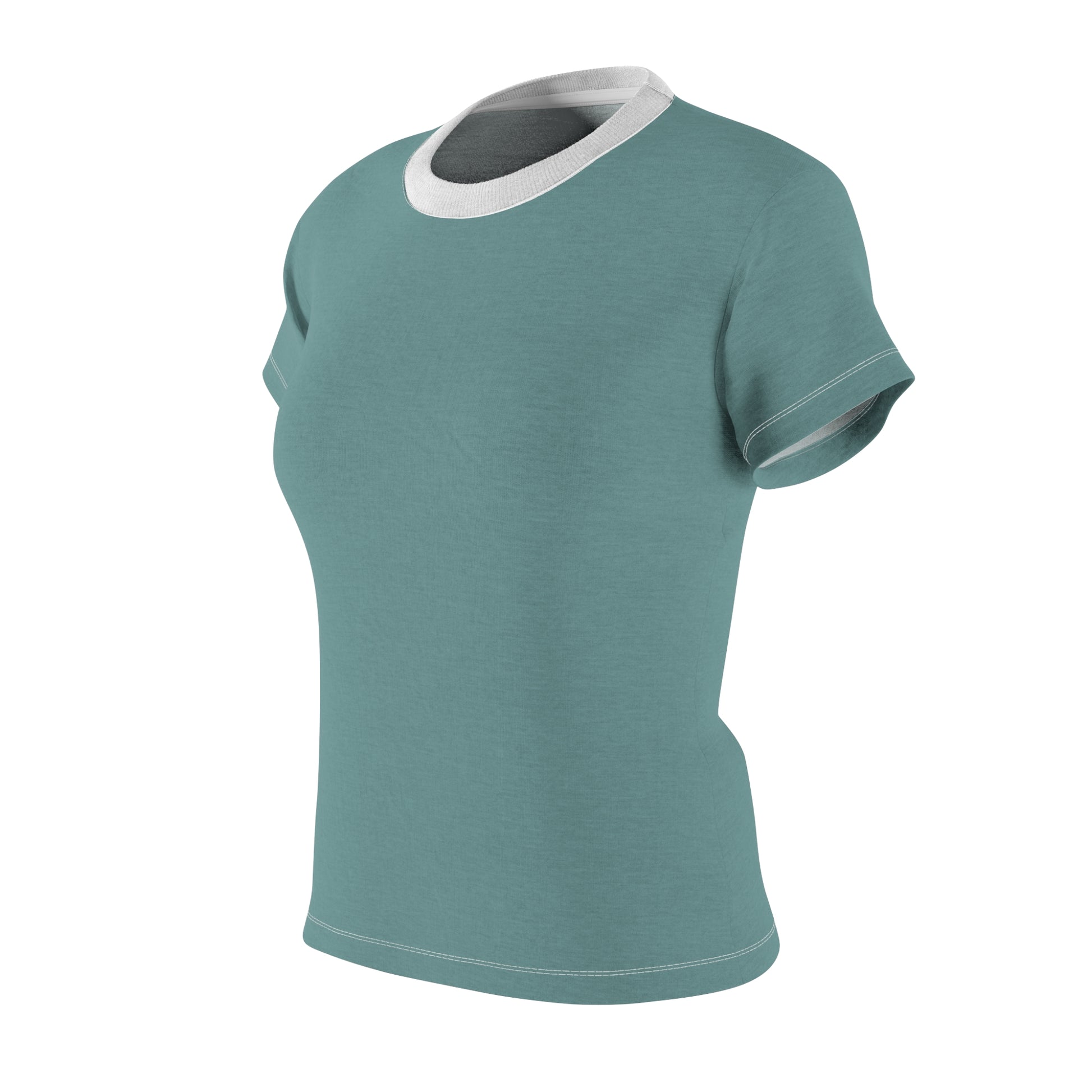 Teal t-shirt with white trim on a white background