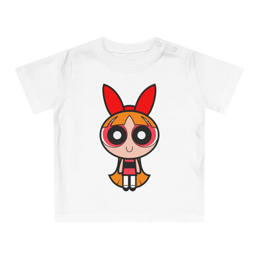 White t-shirt with a cartoon character design on a white background
