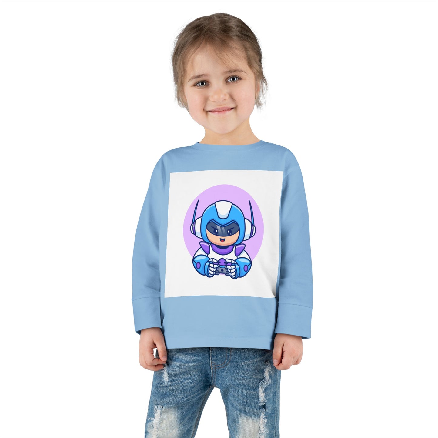 Blue Cyber Gamer Kids Tee Cartoon Robot Player Shirt