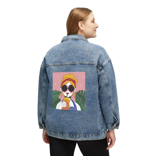 Chic Women’s Denim Jacket with Retro Graphic Artwork