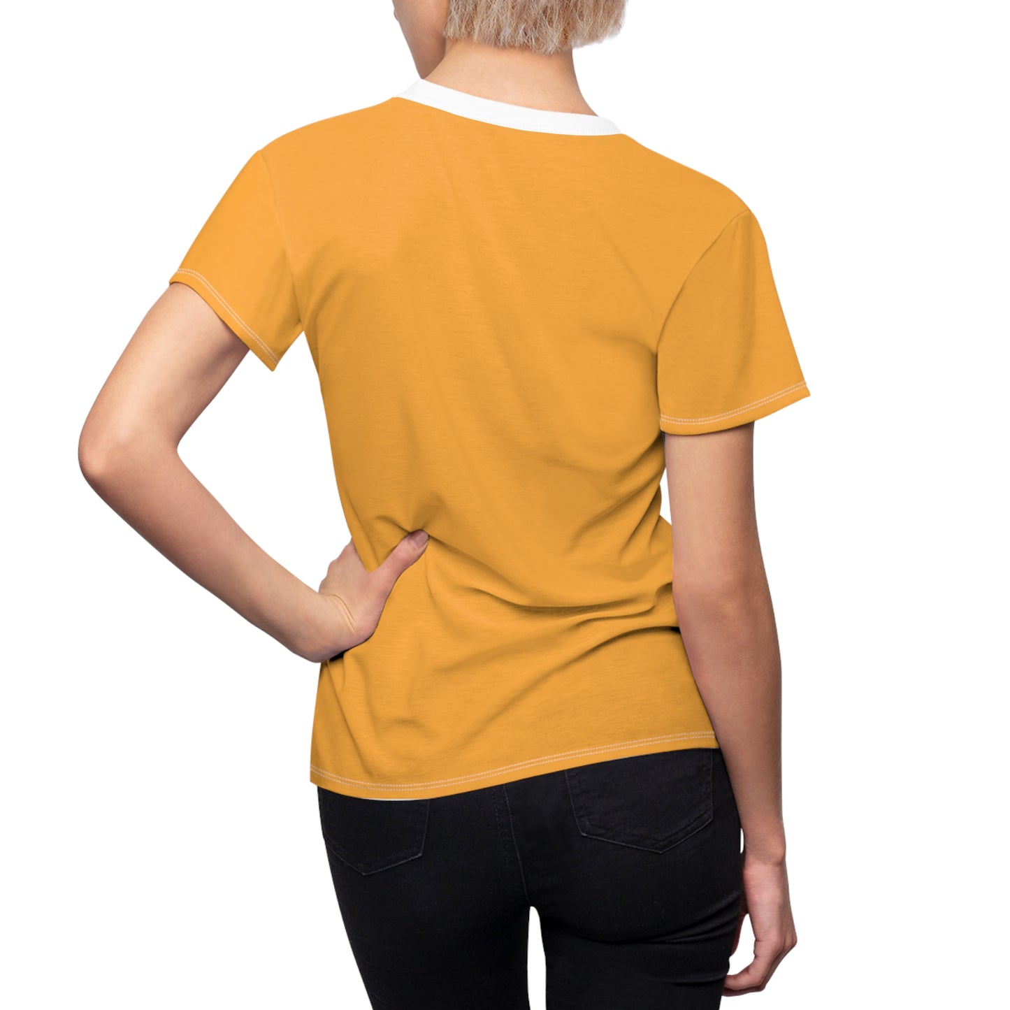 Person wearing a mustard yellow t-shirt on a white background