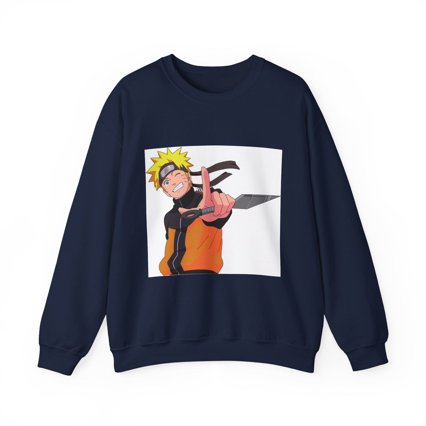 Navy blue sweatshirt with anime character graphic on a white background