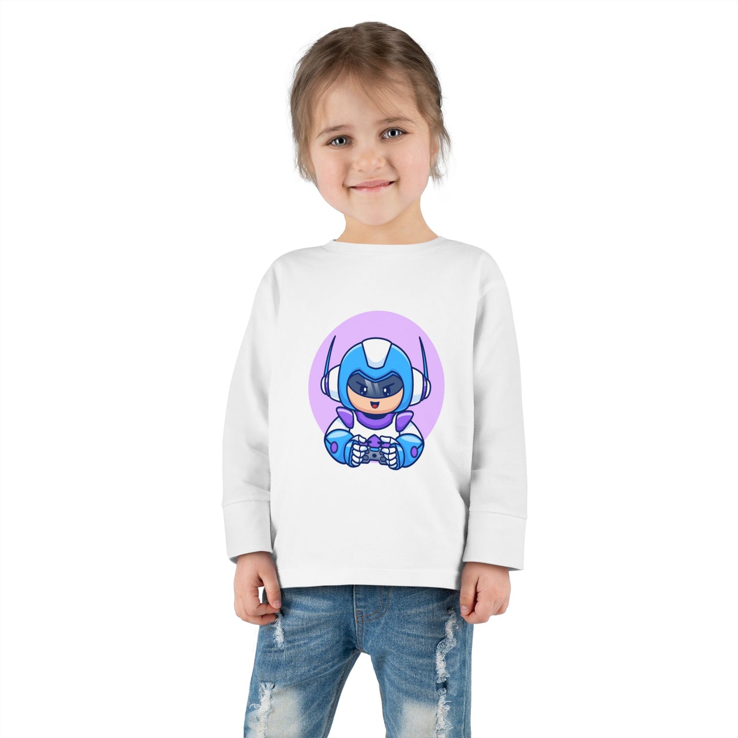 Blue Cyber Gamer Kids Tee Cartoon Robot Player Shirt