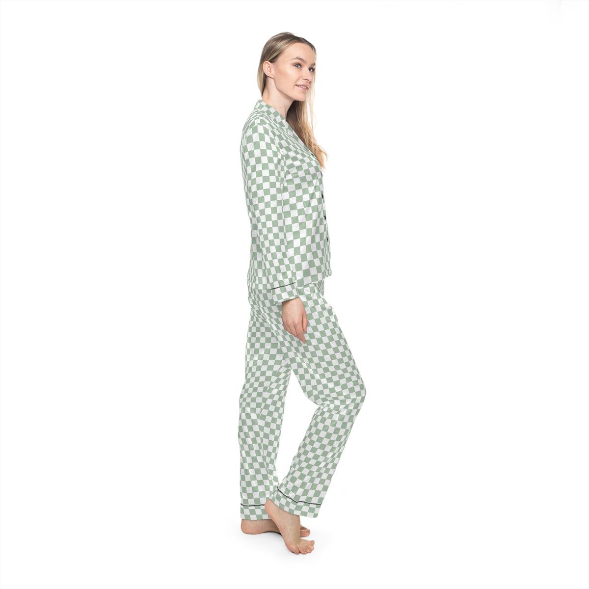Green Checkered Women’s Satin Pajama Set for Cozy Nights