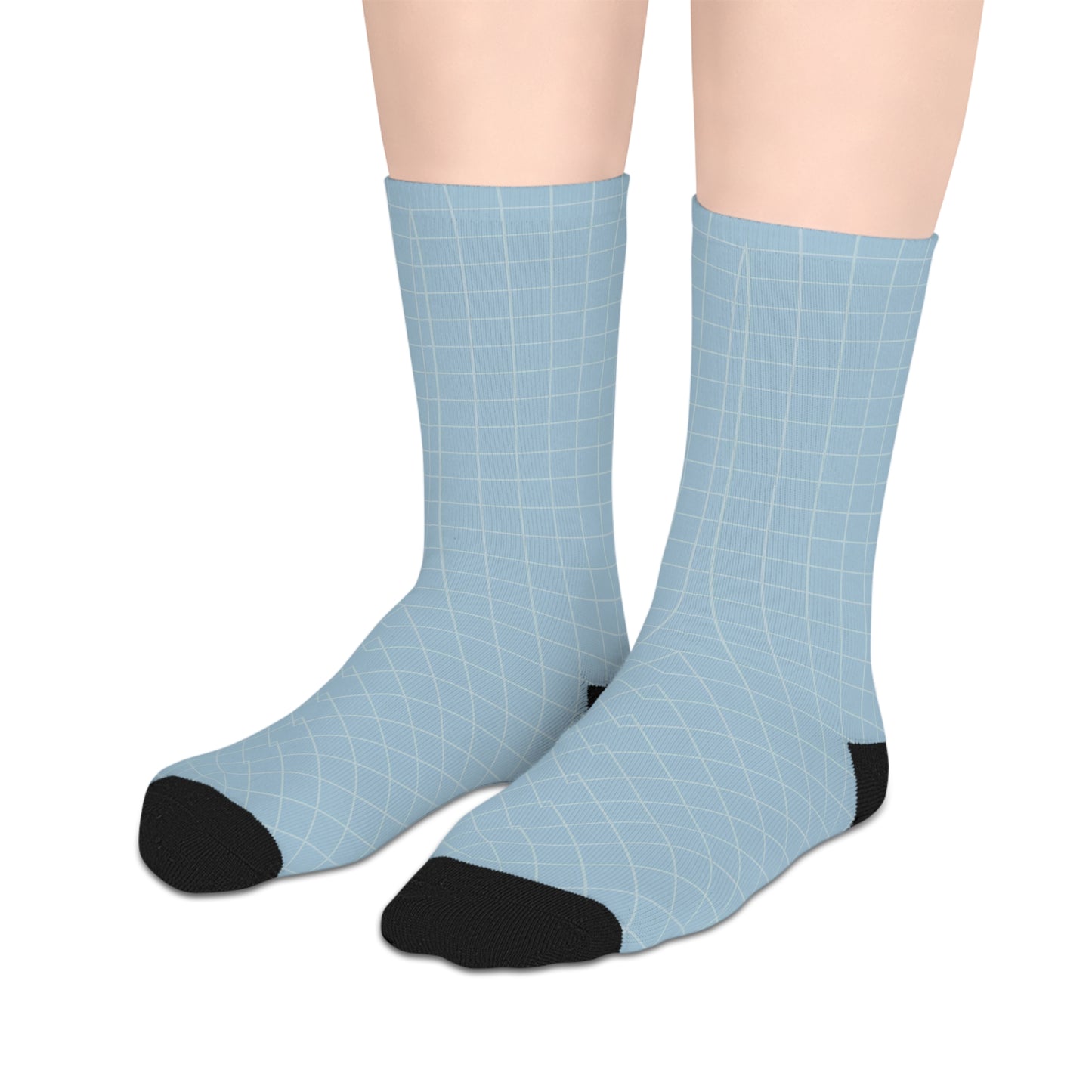 Mid-length Light Blue Socks with Black Grid Pattern