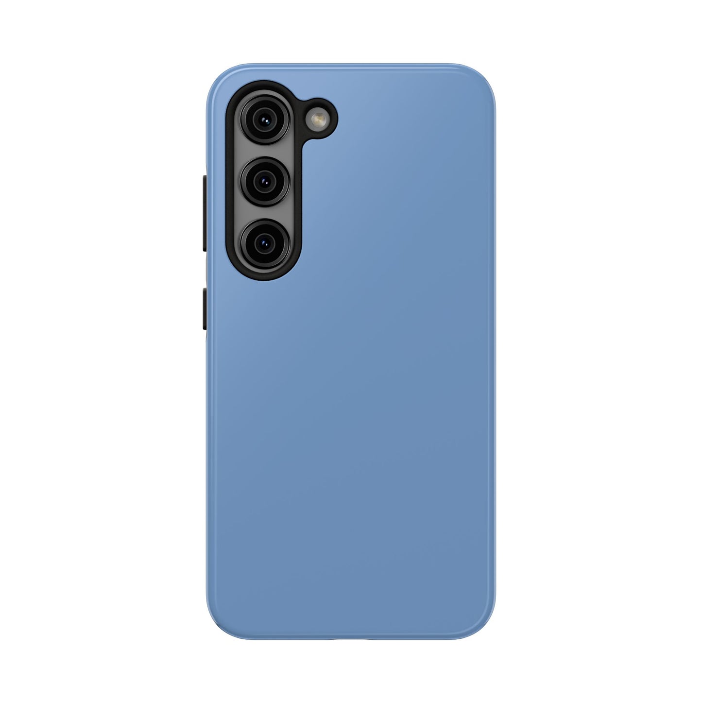 Blue phone case with camera module on a white background