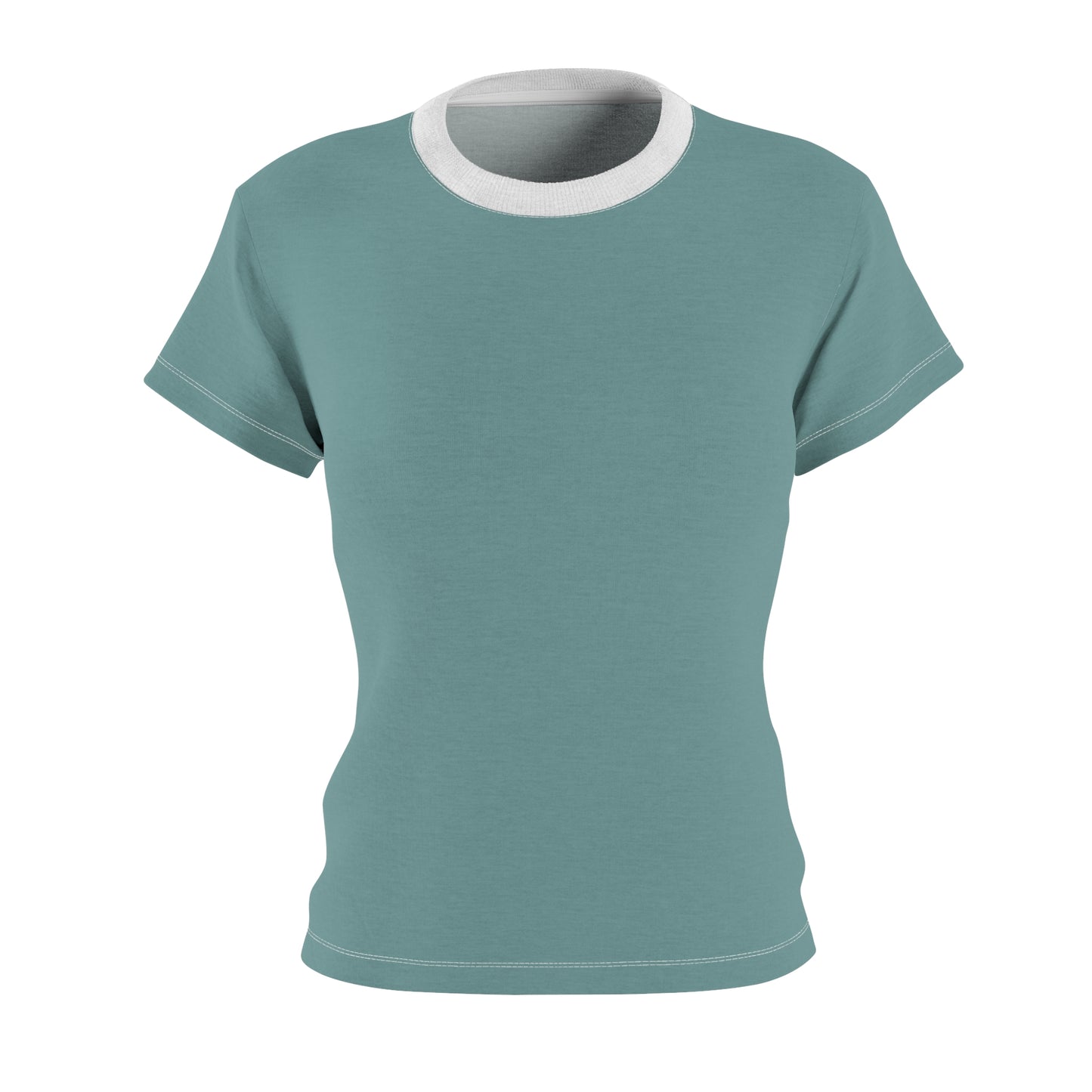 Teal t-shirt with white trim on a white background