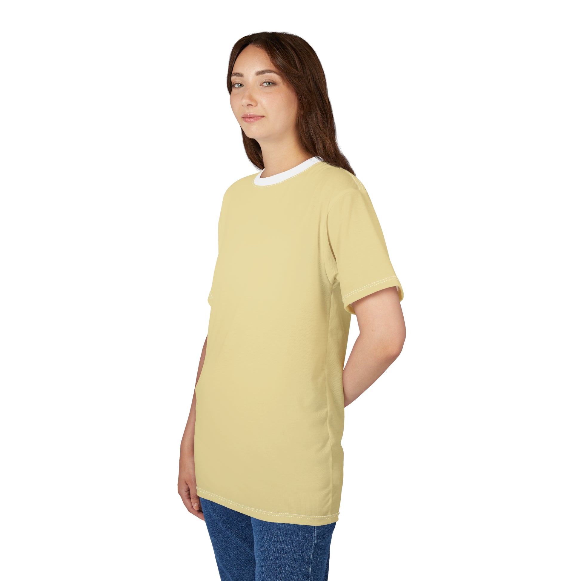 Woman wearing a light yellow t-shirt on a white background