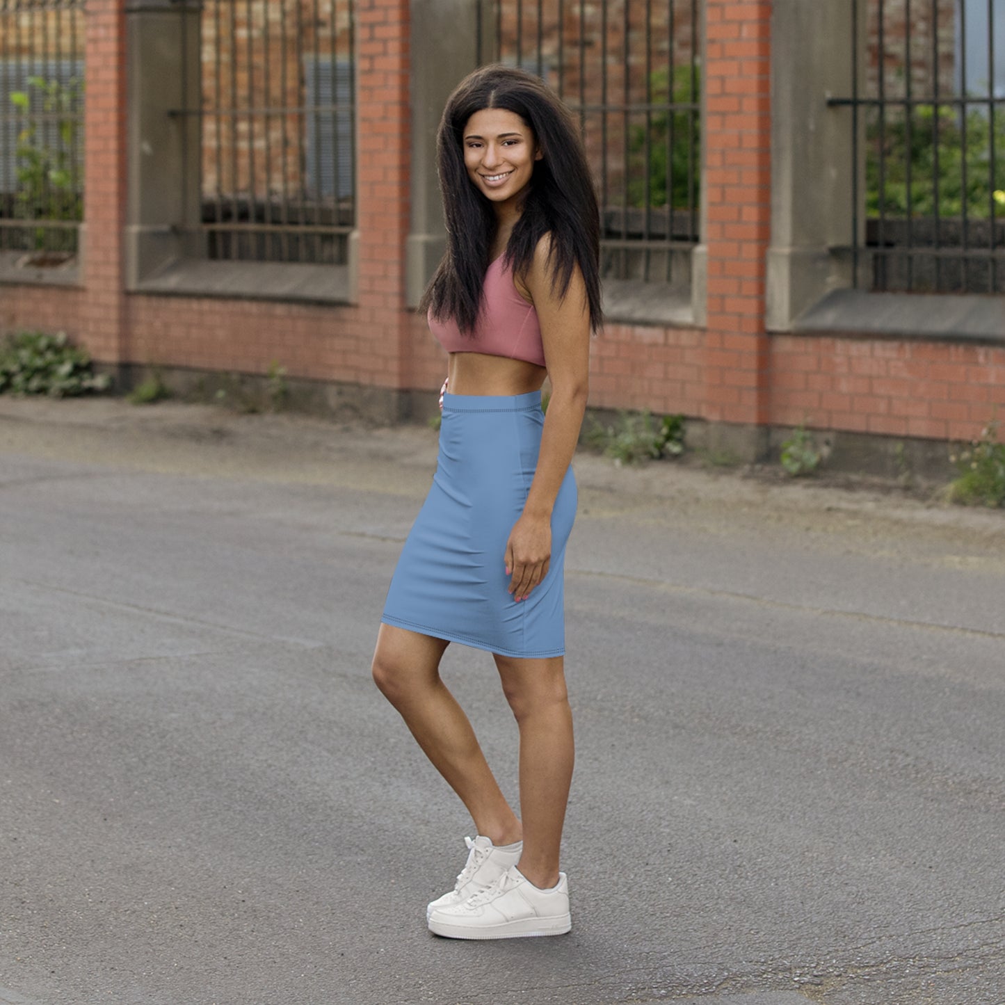 Women Mid-Waist Pencil Skirt - Blue