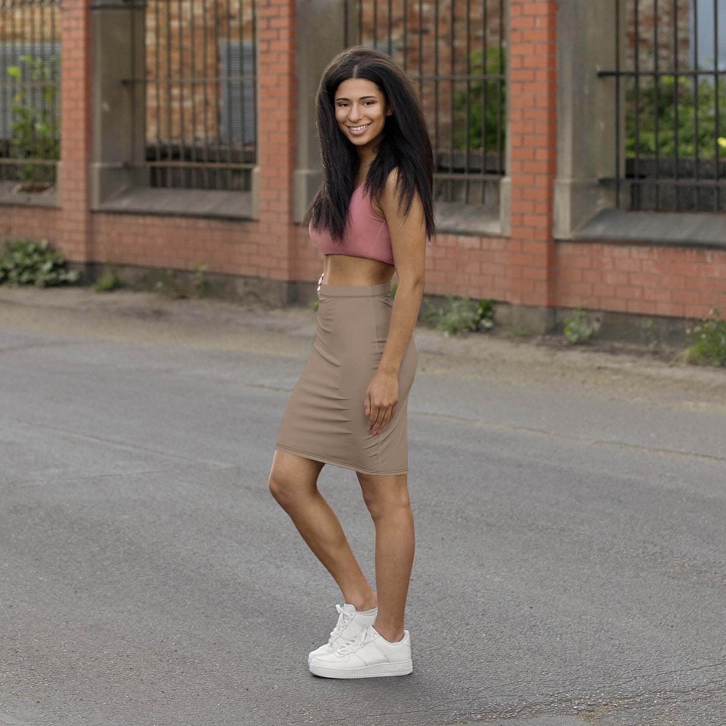 Beige Mid-Waist Pencil Skirt for Women