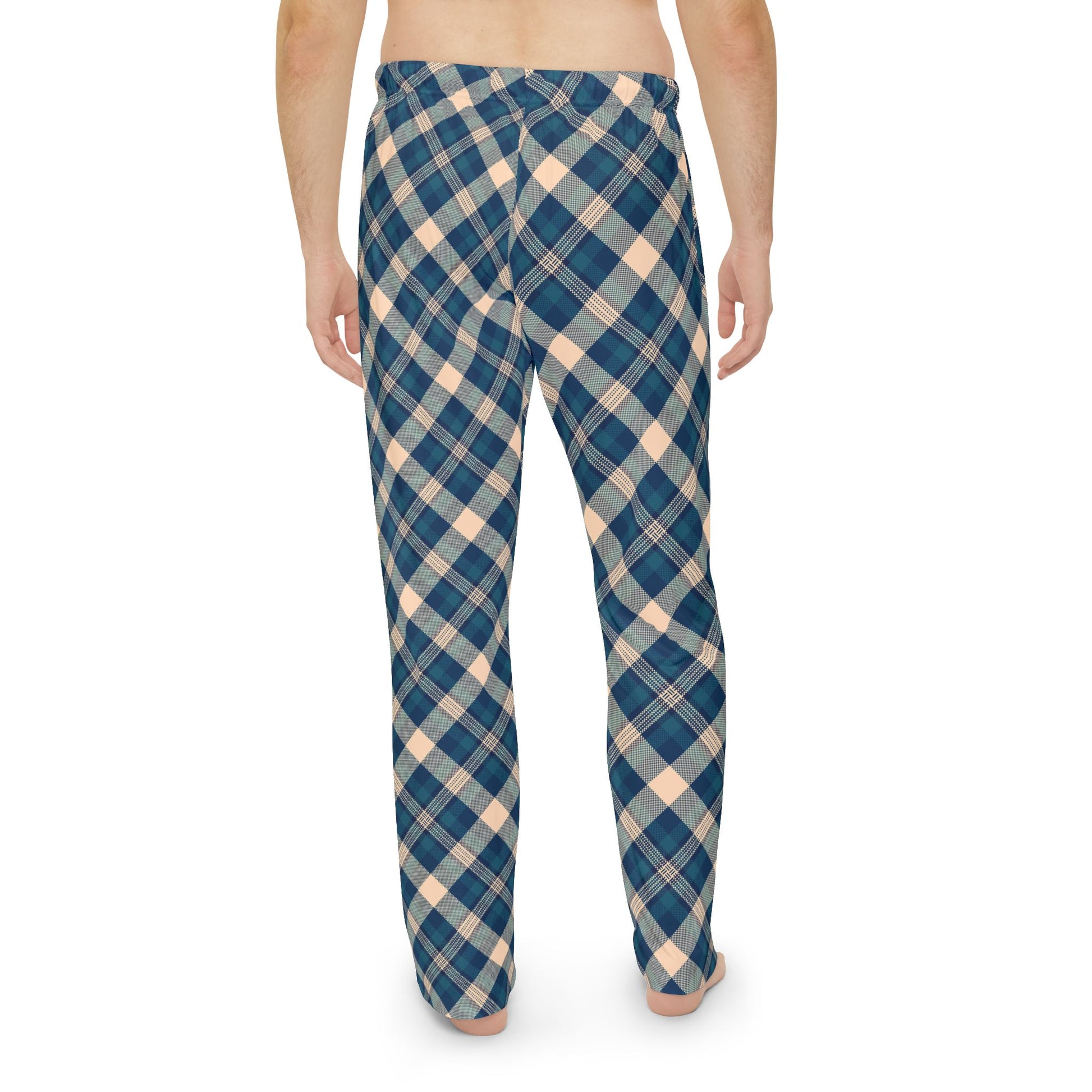 Blue and beige plaid pajama pants on a white background