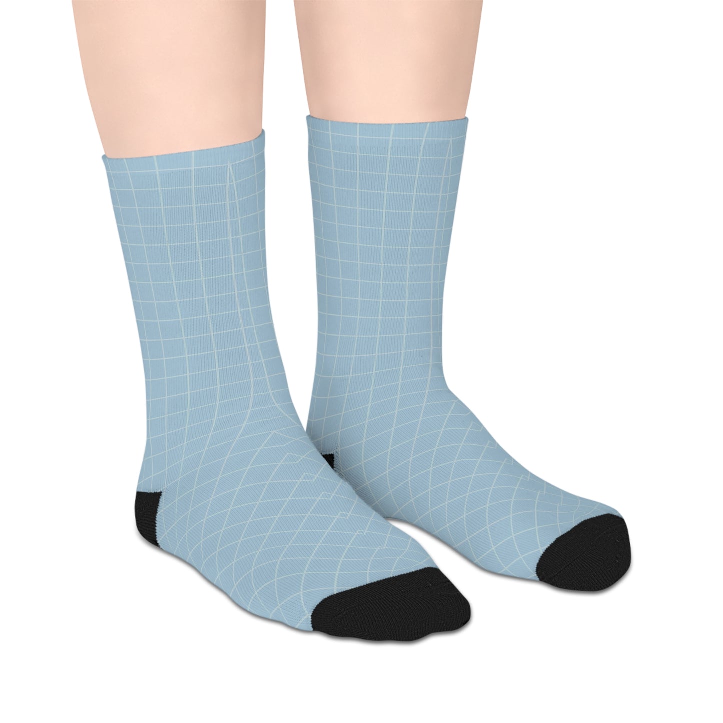 Mid-length Light Blue Socks with Black Grid Pattern