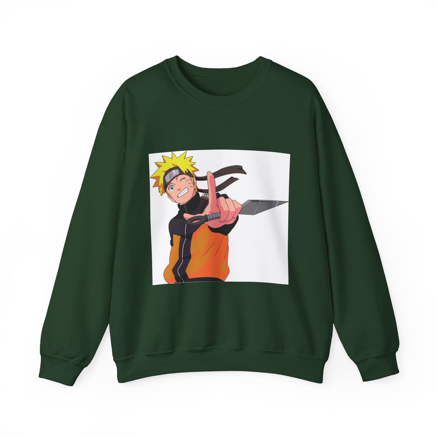 Green sweatshirt with anime character graphic on a white background