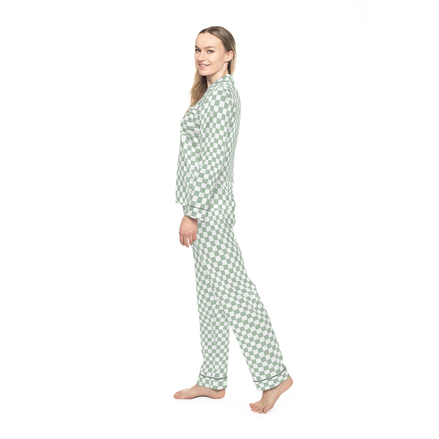 Green Checkered Women’s Satin Pajama Set for Cozy Nights