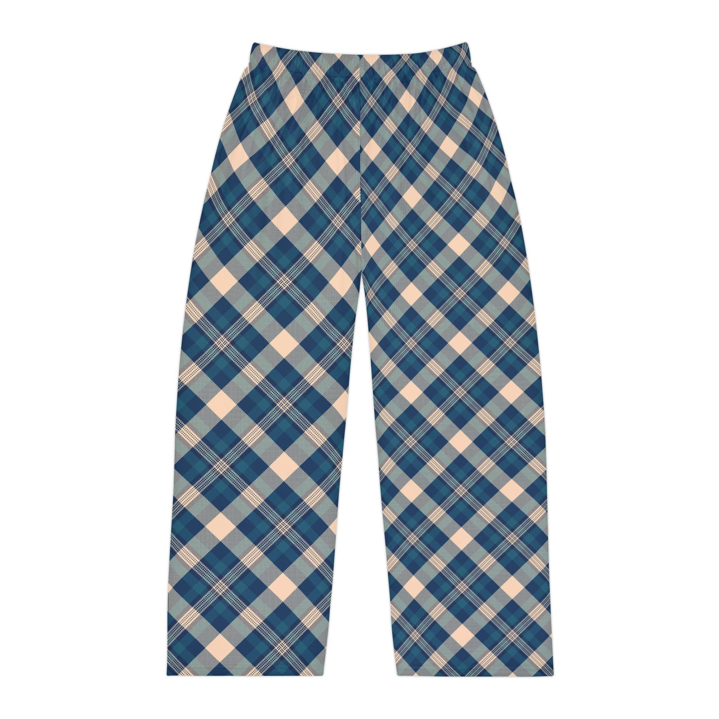 Blue and beige plaid pants on a white background