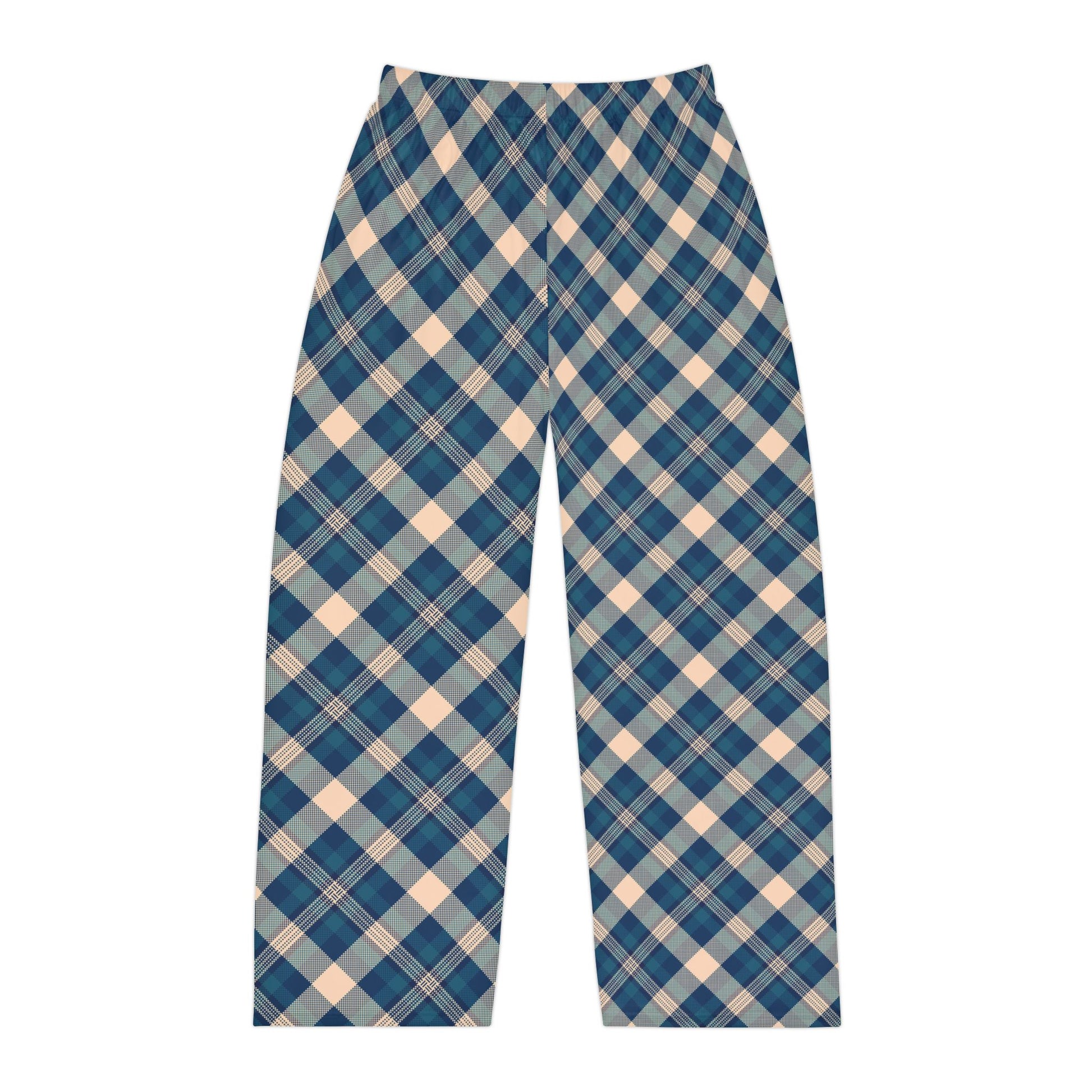 Blue and beige plaid pants on a white background