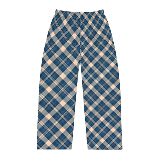 Blue and beige plaid pants on a white background