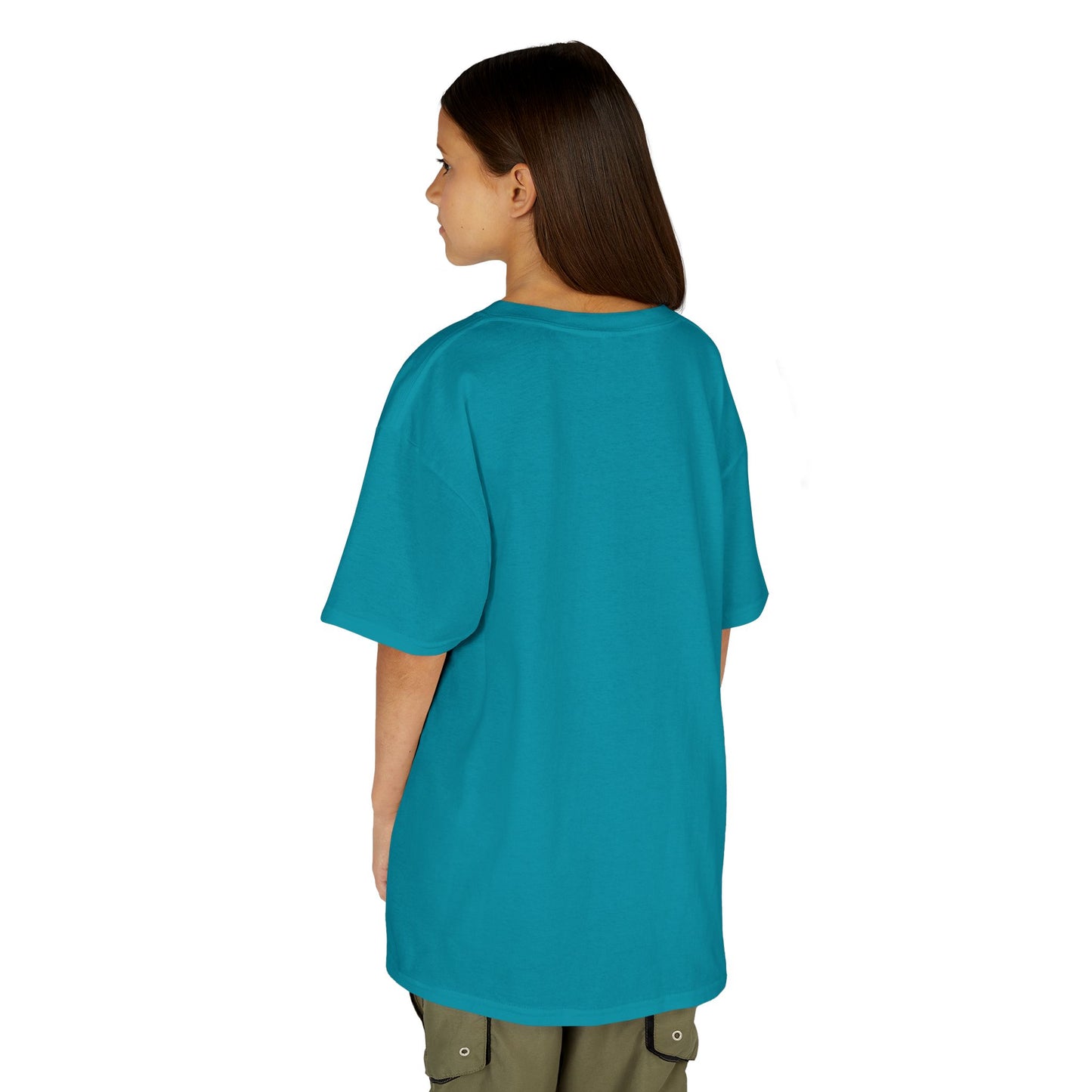 Kids Heavy Cotton Teal T-Shirt with a Graphic Design