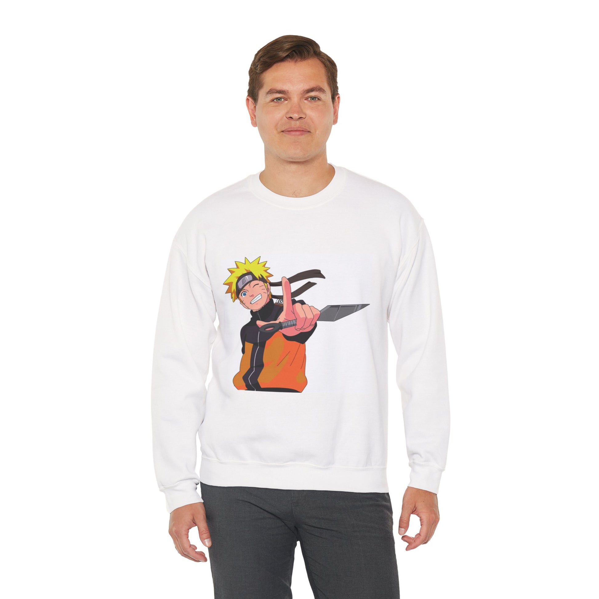 Person wearing a white sweatshirt with a graphic design on a white background