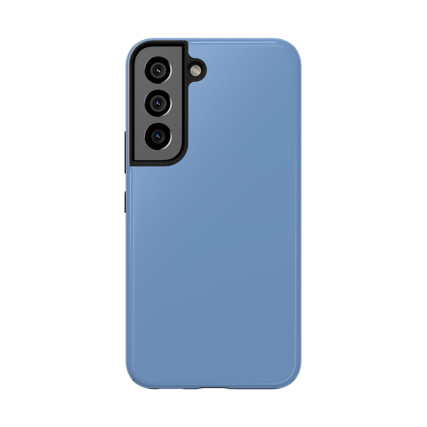 Blue phone case with camera module on a white background
