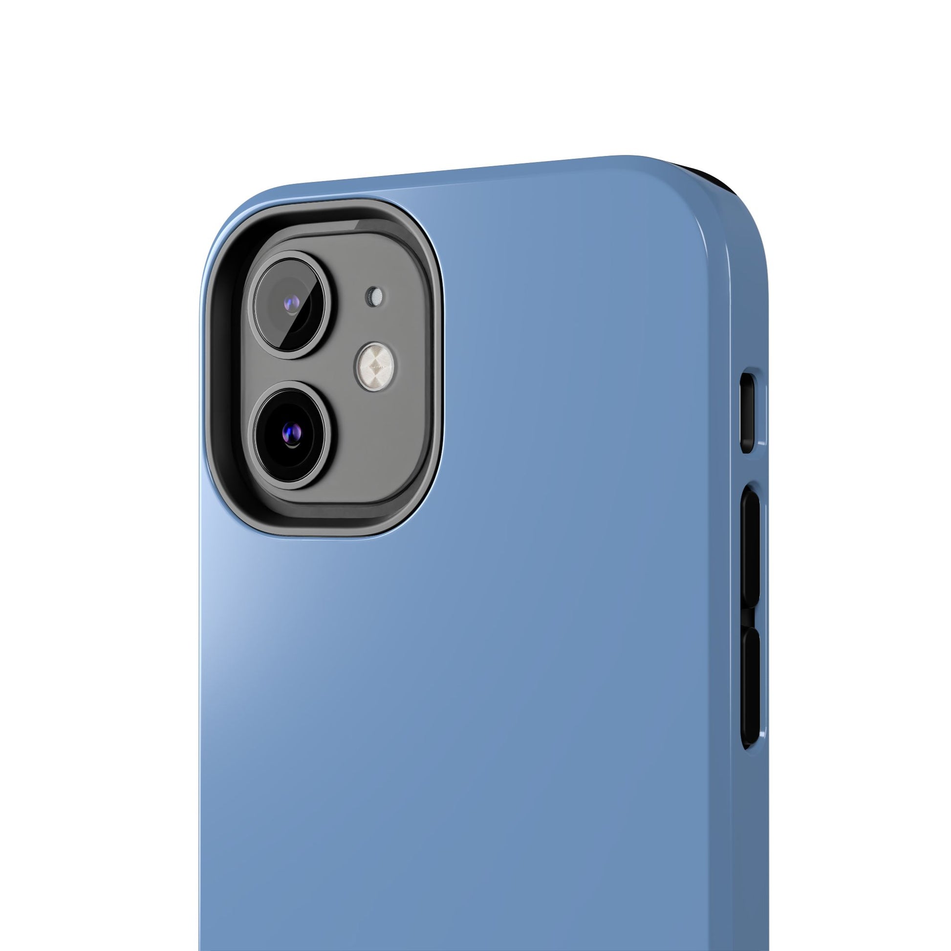 Blue phone case with camera and charging ports on a white background
