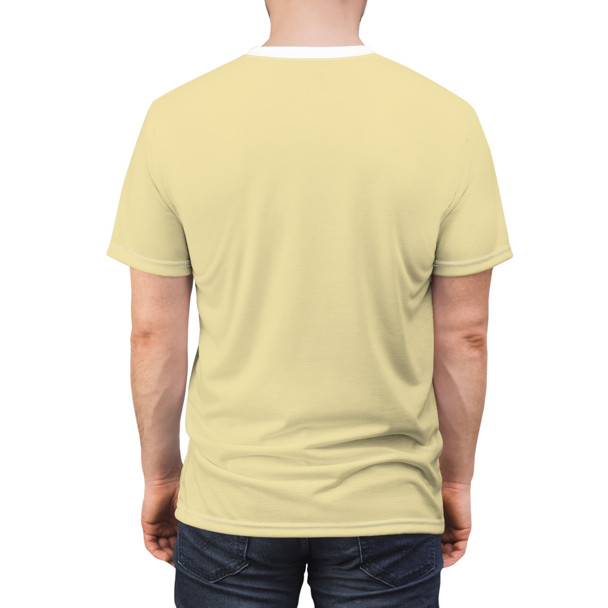 Person wearing a light yellow t-shirt on a white background