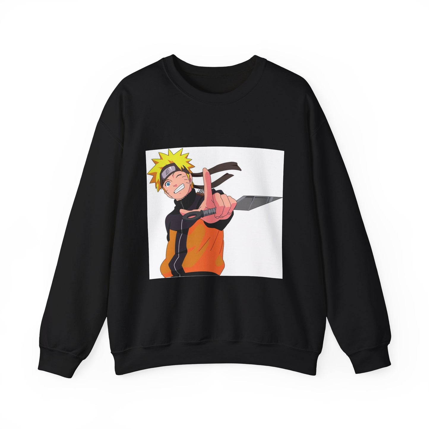 Black sweatshirt with an anime character graphic on a white background