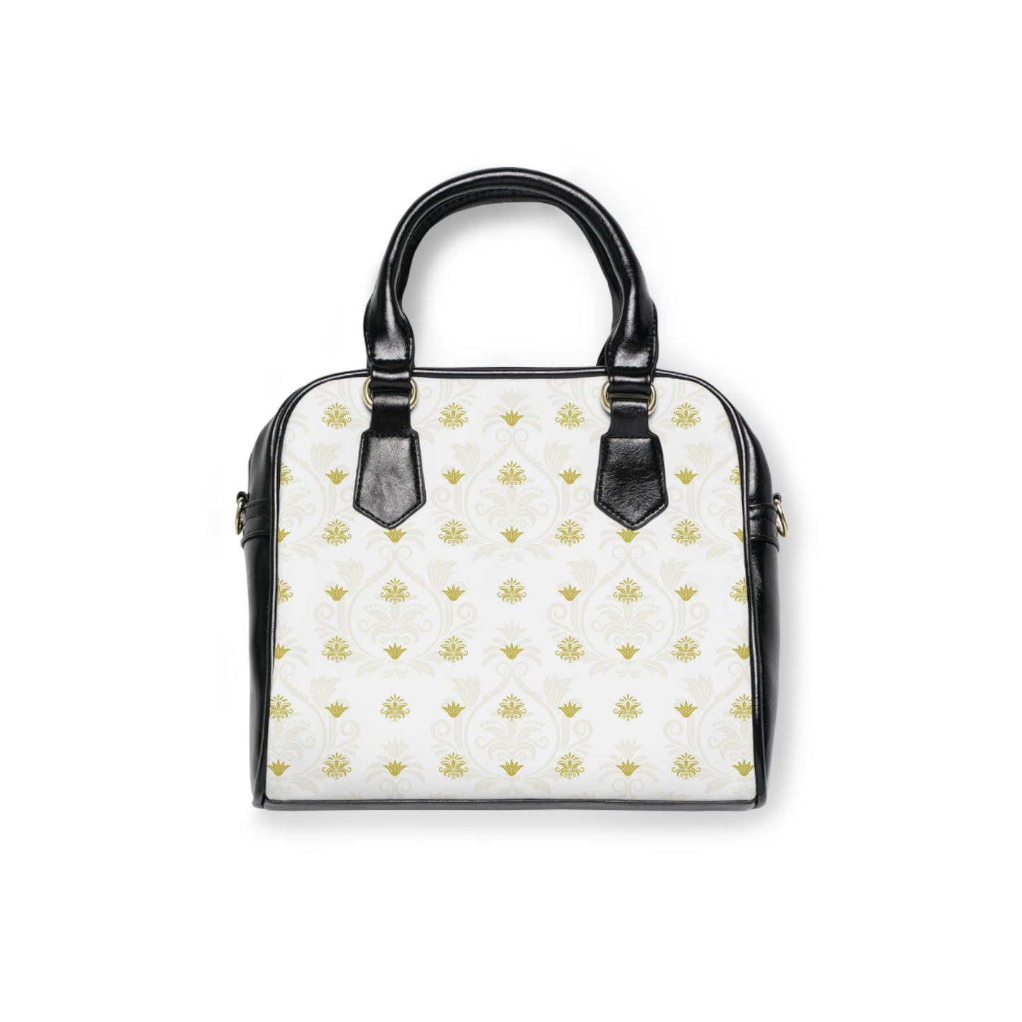 Classic White Gold Print Tote Bag – Chic Black Trim Structured Handbag