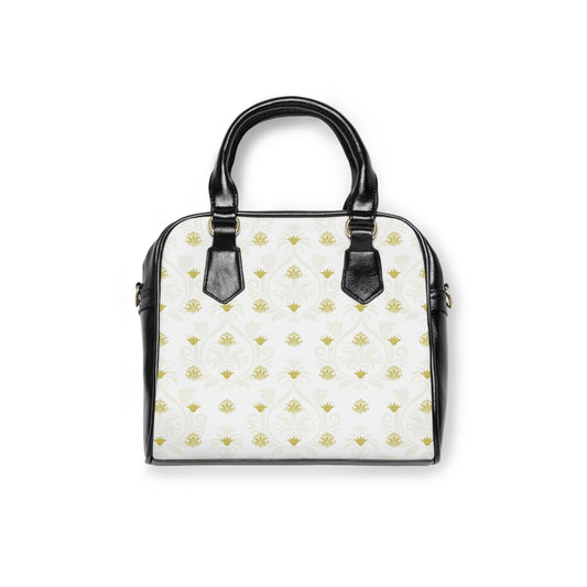 Classic White Gold Print Tote Bag – Chic Black Trim Structured Handbag