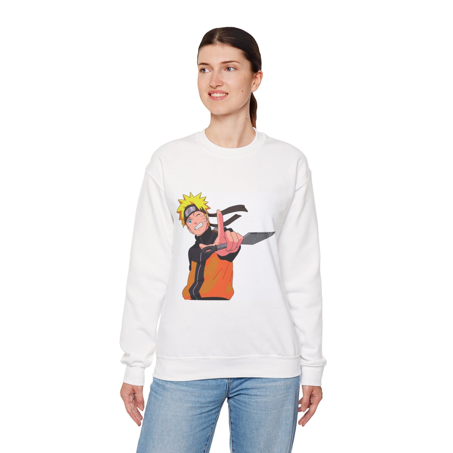 Person wearing a white sweatshirt with a graphic design on a white background