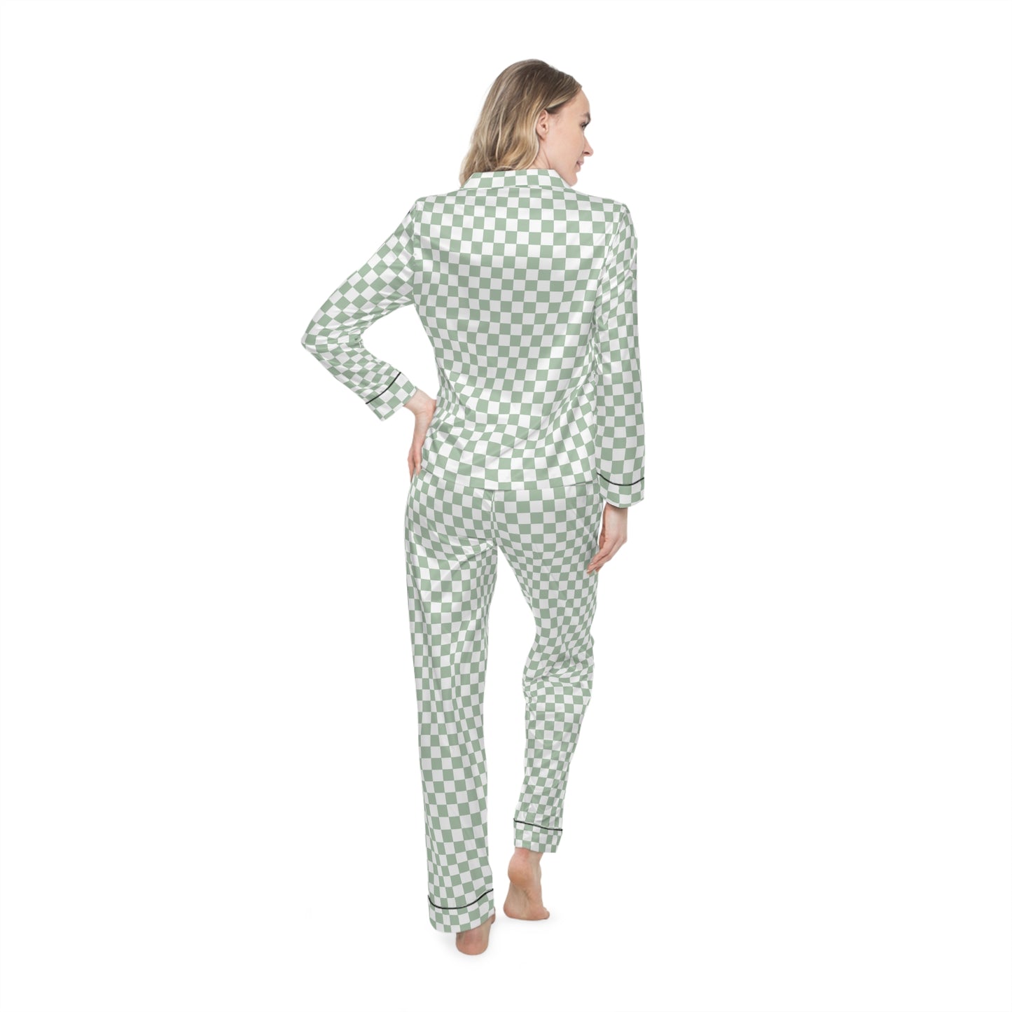 Green Checkered Women’s Satin Pajama Set for Cozy Nights