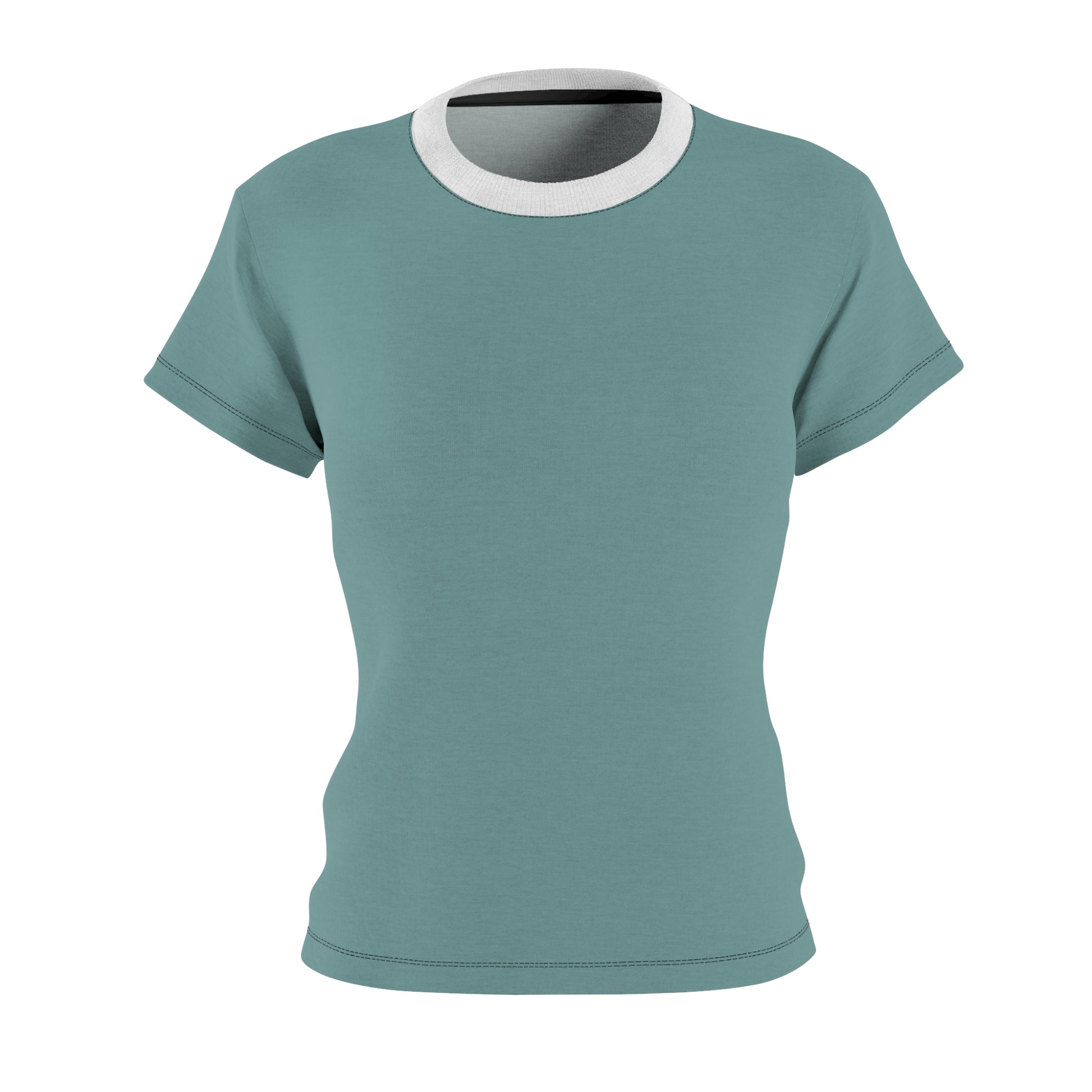 Person wearing a teal t-shirt on a white background