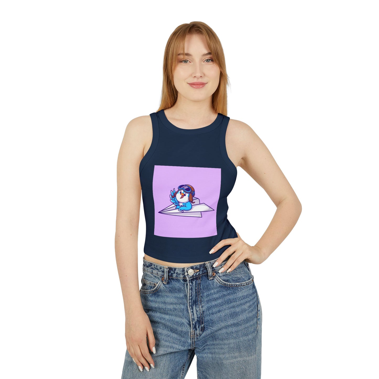 Playful Racer Tank Top with Whimsical Paper Plane Design