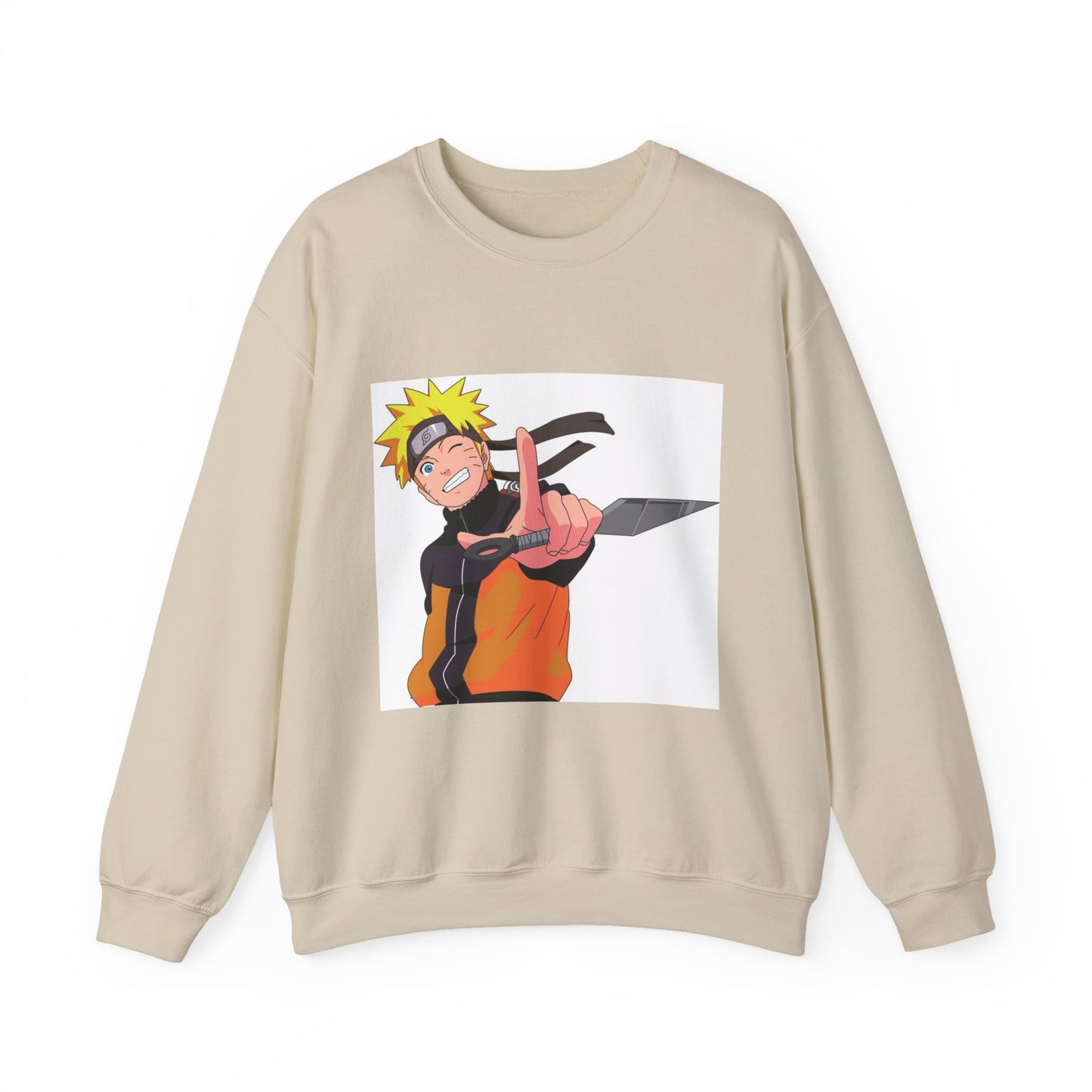 Beige sweatshirt with a graphic of an animated character holding a sword on a white background