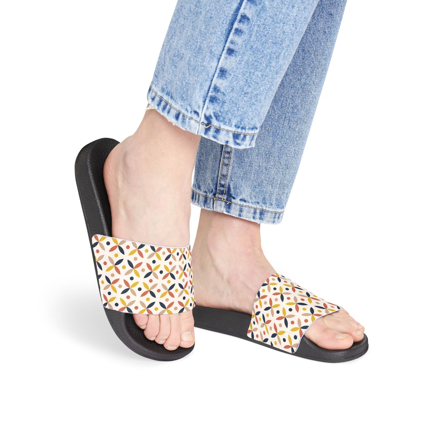 Women's Retro Geometric Print Slide Sandals with Cushioned Black Sole